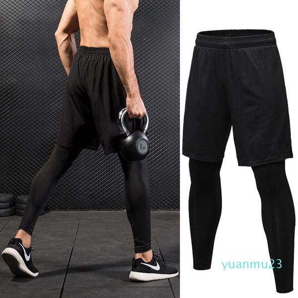 Wholesale-Fake Two Piece Compression Pants Men Shorts And Leggings Sportswear Gym Fitness Tight Sports Trousers Quick Dry Men&#039;s Legging