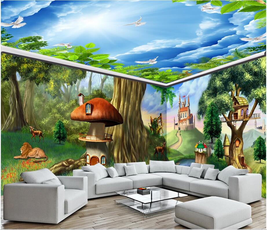 Custom 3d photo mural wall stickers Fantasy fairy tale forest animal castle whole house background painting wall paper for kids room