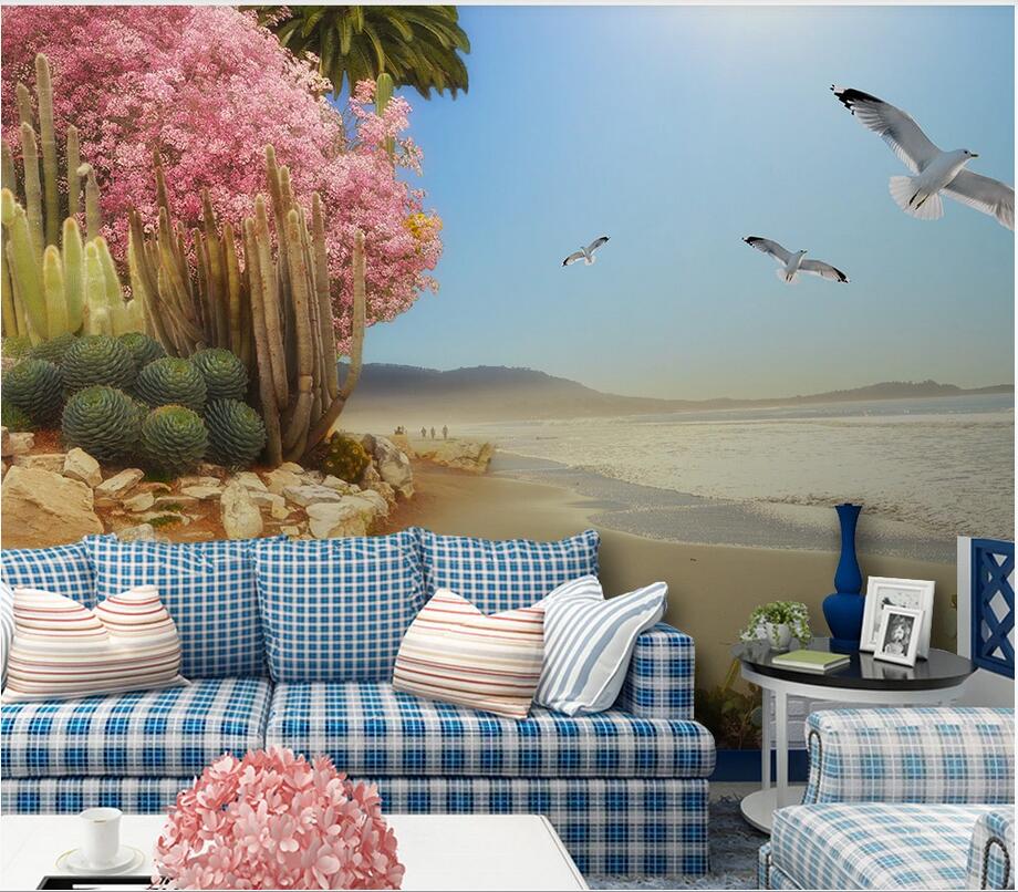 3d room wallpaper custom photo mural Naked eye 3D seaside tropical plants flowers and birds background wall home decor wall art pictures