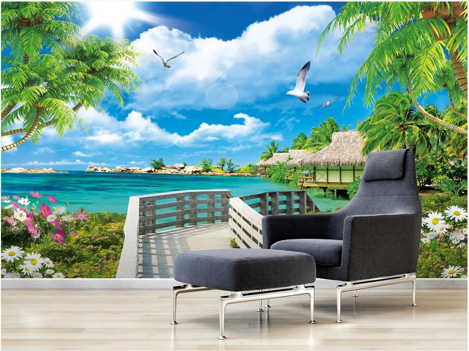 3d mural wallpaper custom photo Sea wooden bridge coconut tree landscape background wall household landscape wall tapestry 3d