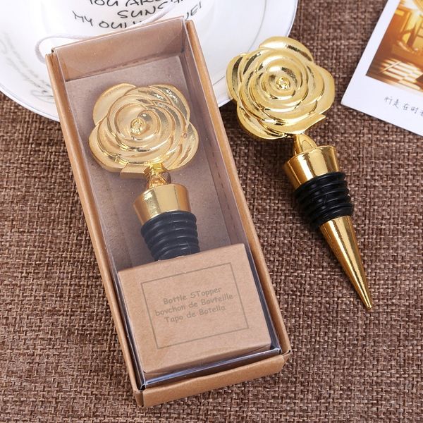 New Creative Gold Color Metal Rose Wine Bottle Stopper Wedding Gifts Party Favors for Guests W8766