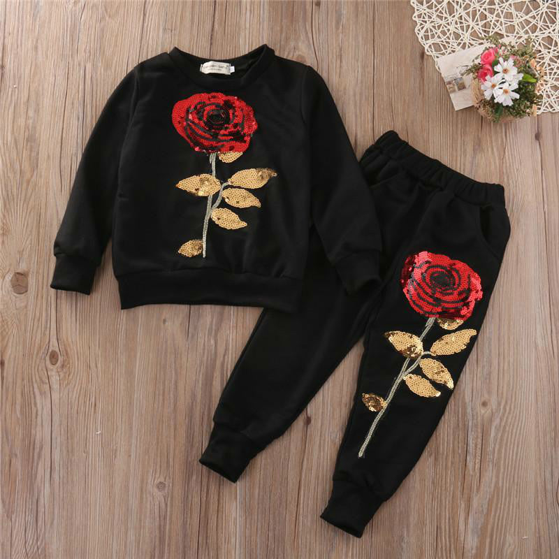 Kids Children S Sets Girl Suits Childrens Clothes Girls Tracksuit Kids Clothing Rose Sequin Print Hoodies Toddler Girl Clothing Set 3-7Y