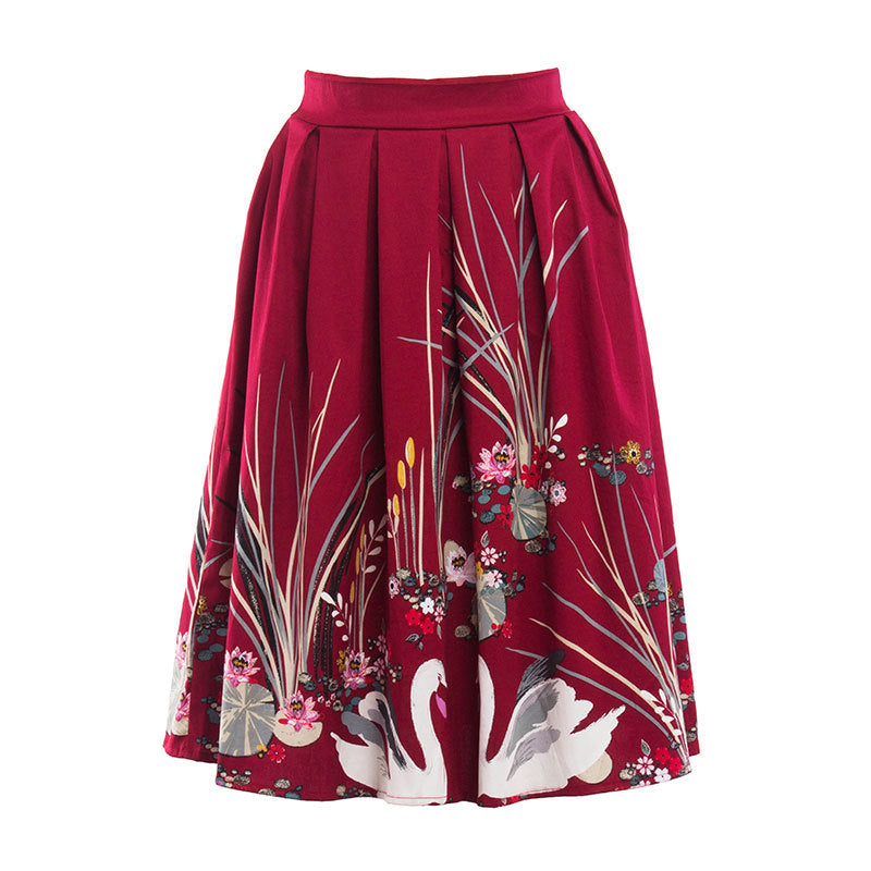 Women Retro Skirts 50s 60s Vintage Cotton Rockabilly Swing Feminino Skirts High Waist Swan Print Casual Skirts