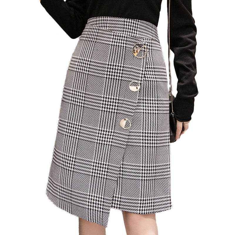 High Waist Asymmetrical Plaid Midi Skirt Women Korean Fashion Button Slim Elegant Wool Skirt Elegant Ladies Skirts