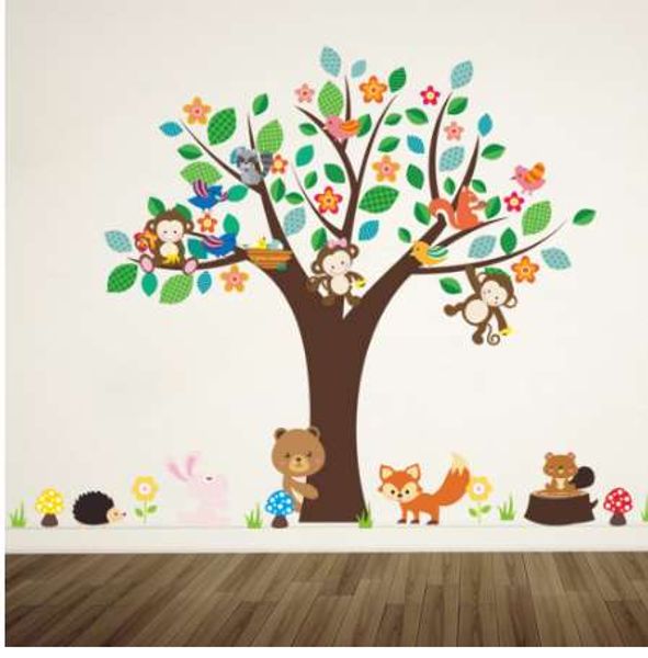 forest animals monkey play under flower tree wall sticker for kids baby nursery children room decorations decor home decal