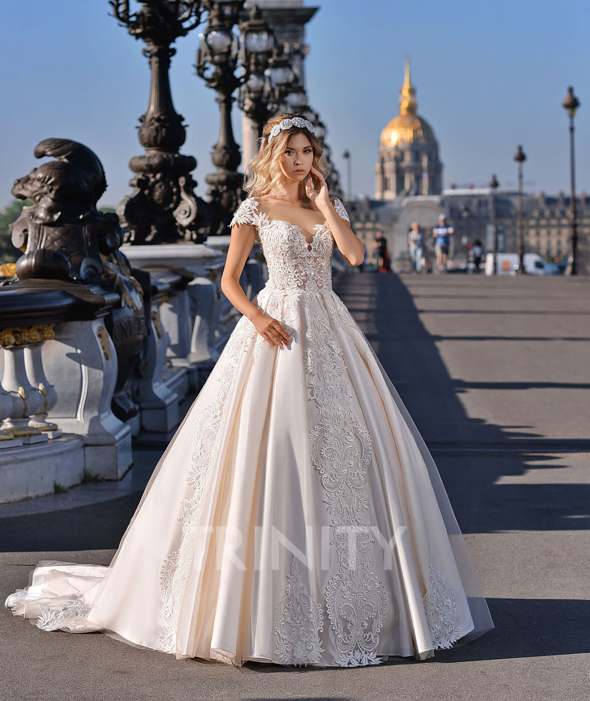 Charming Ivory Tulle Scoop Applique Beads A-Line Wedding Dresses Bridal Pageant Dresses Wedding Attire Dresses Custom Size 2-18 KF1226302