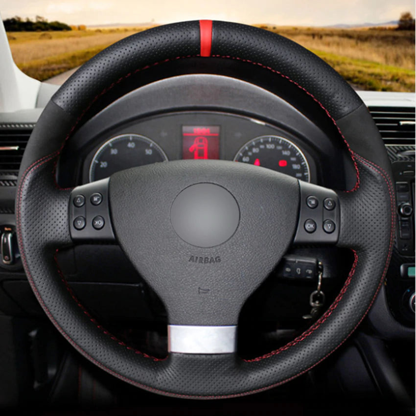 Black Natural Leather Black Suede Car Steering Wheel Cover for Volkswagen Golf 5 Mk5 VW Passat B6 Jetta 5 Mk5 Tiguan 2007-2011