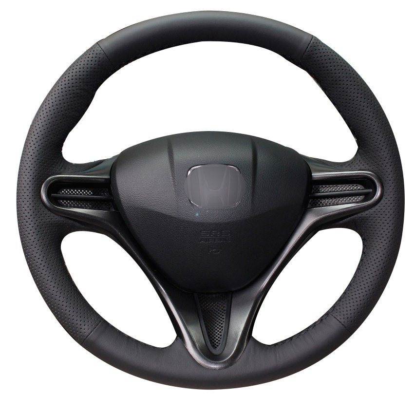 Black Natural Leather Car Steering Wheel Cover for Honda Civic Civic 8 2006-2009 (3-Spoke)