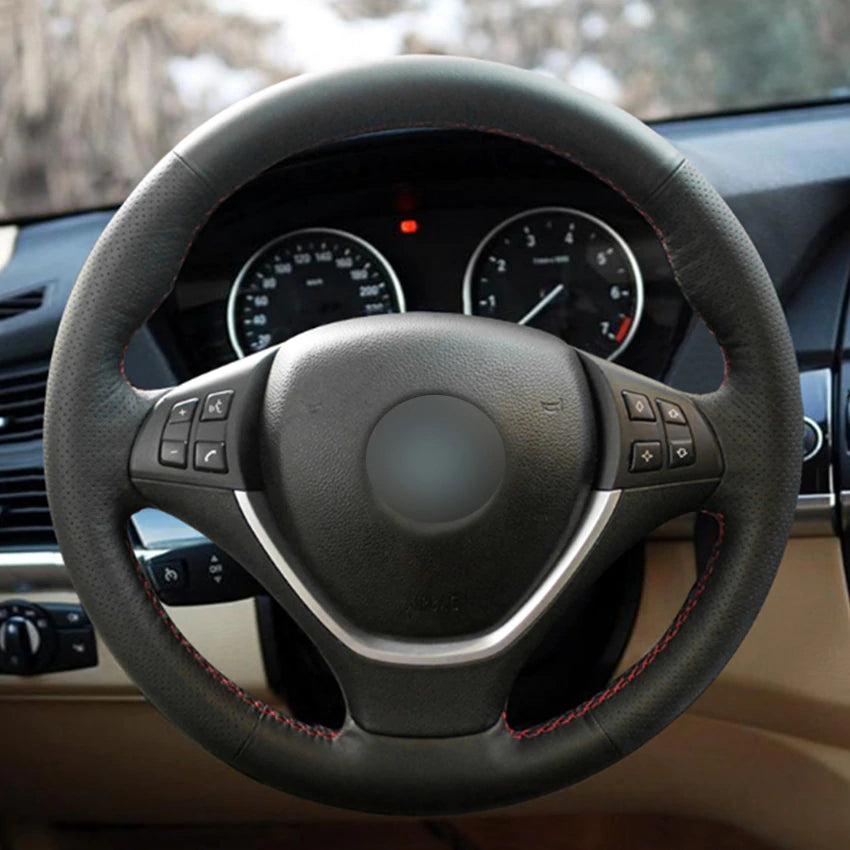 Black Natural Leather Car Steering Wheel Cover for BMW E70 X5 2008-2013 E71 X6 2008-2014