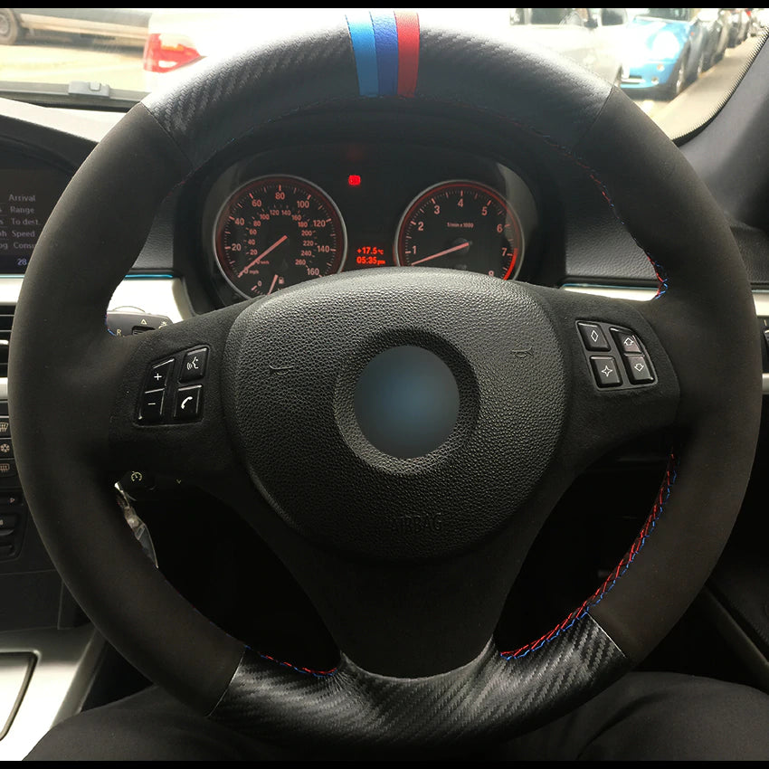 Carbon Fiber Leather Black Suede Car Steering Wheel Cover for BMW E90 320i 325i 330i 335i E87 120i 130i 120d