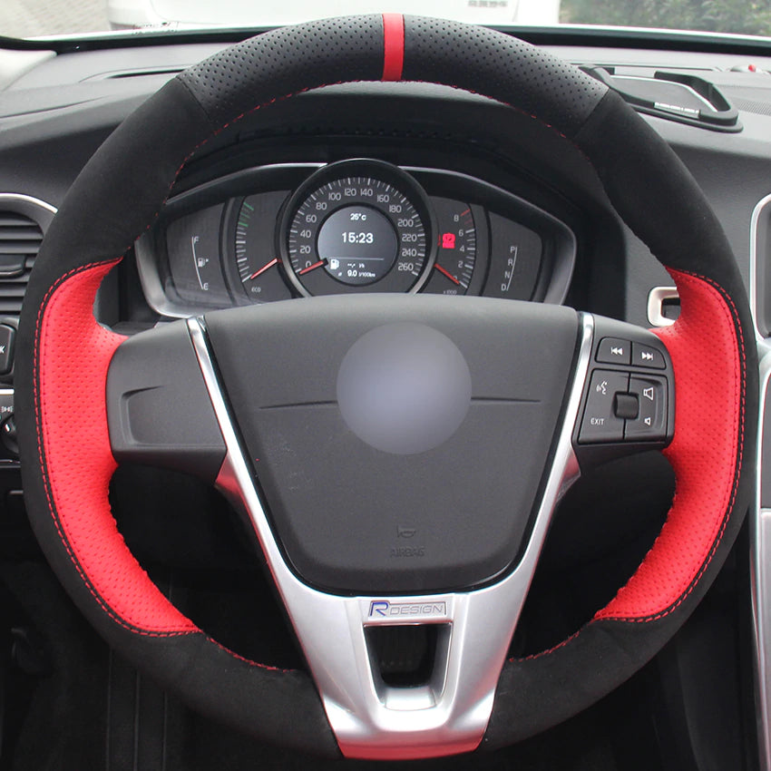 Black Red Natural Leather Black Suede Red Marker Car Steering Wheel Cover for Volvo S60 V40 V60 V70 2014 XC60