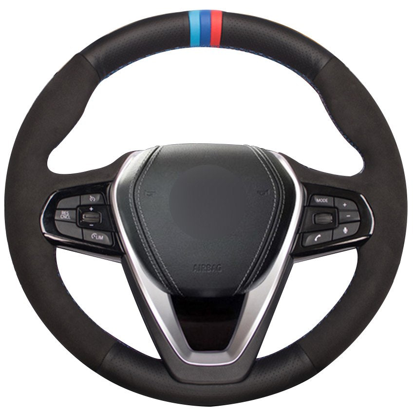 Black Natural Leather Black Suede Car Steering Wheel Cover for BMW G30 530i 540i 520d 530e 2016-2018 G32 630i 630d 2017-2018
