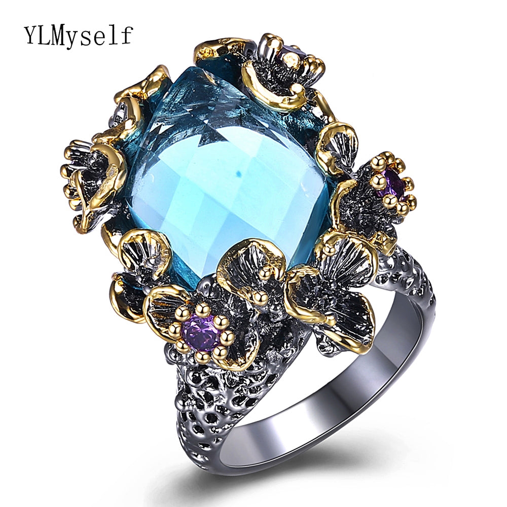 Fantastic big blue crystal rings trendy jewelry black plated fast shipping high quality jewellery large ring flower