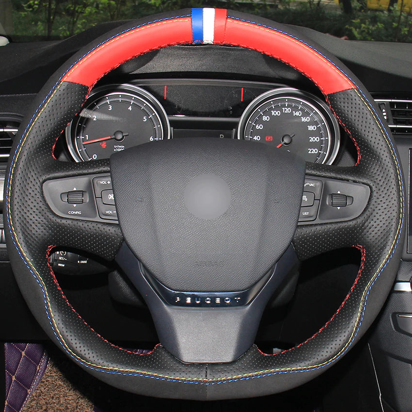 Black Red Natural Leather Black Suede Blue White Red Marker Car Steering Wheel Cover for Peugeot 408 2014 2015