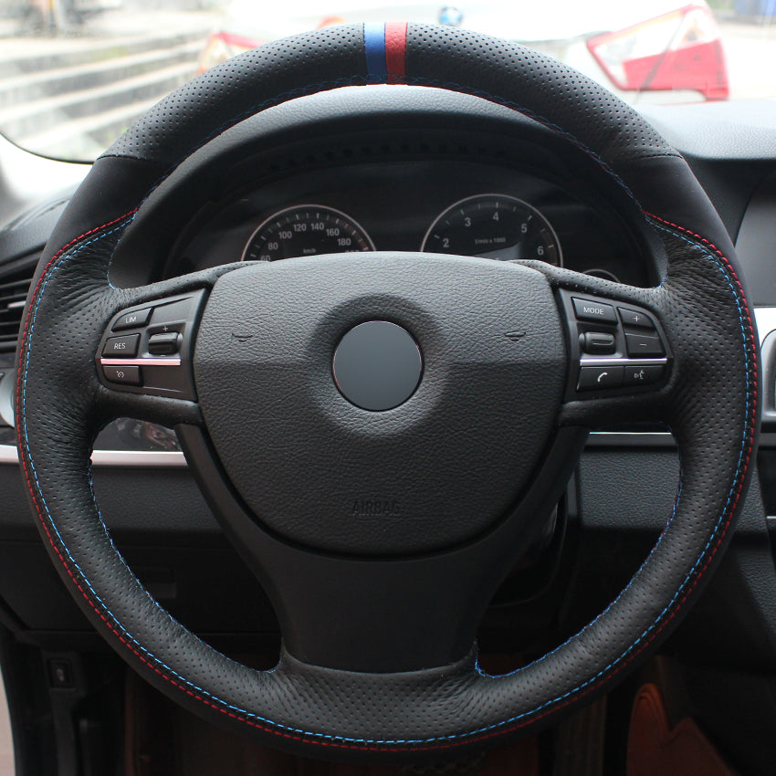 Black Natural Leather Black Suede Blue Red Marker Car Steering Wheel Cover for BMW F10 523Li 525Li 2009 730Li 740Li 750Li