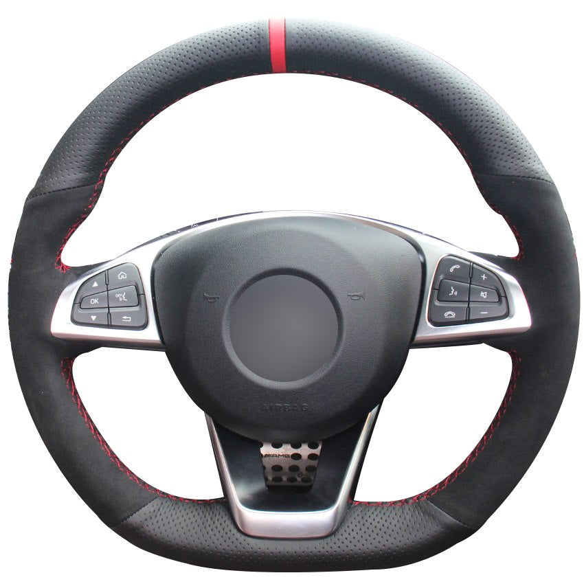 Black Natural Leather Black Suede Red Marker Car Steering Wheel Cover for Mercedes-Benz C200 C250 C300 B250 B260 A200 A250