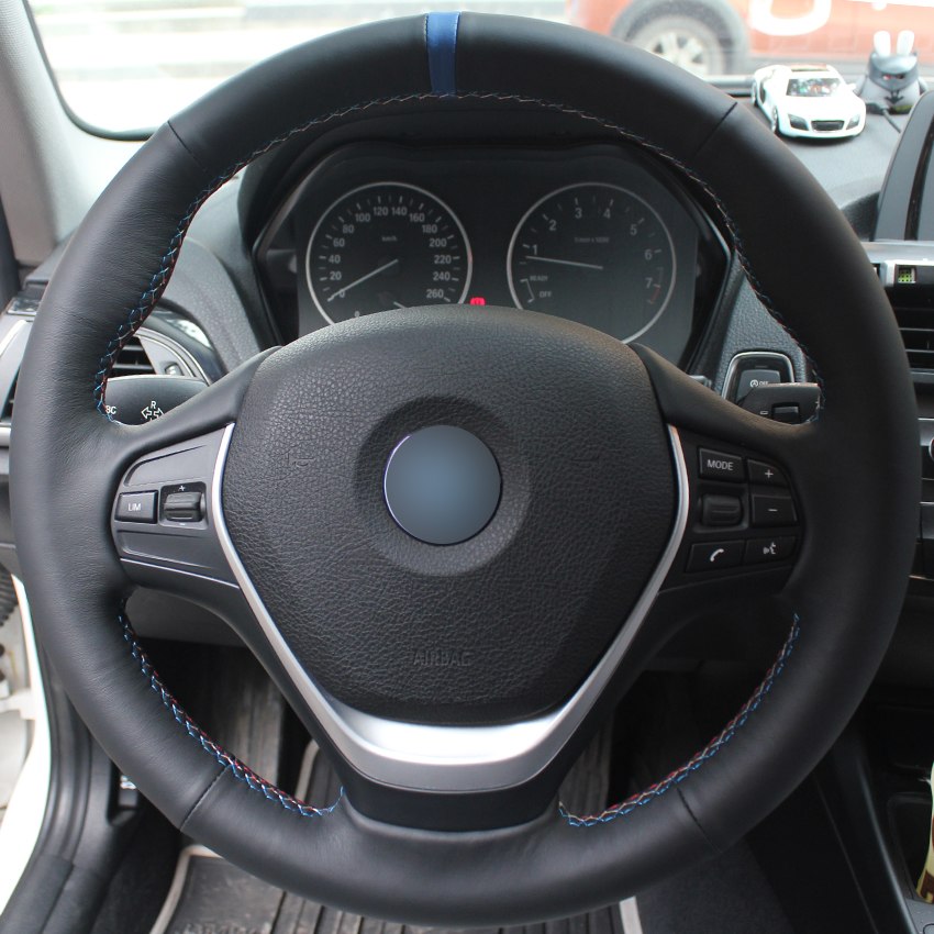 Black Natural Leather Blue Marker Car Steering Wheel Cover for BMW F30 320i 328i 320d F20