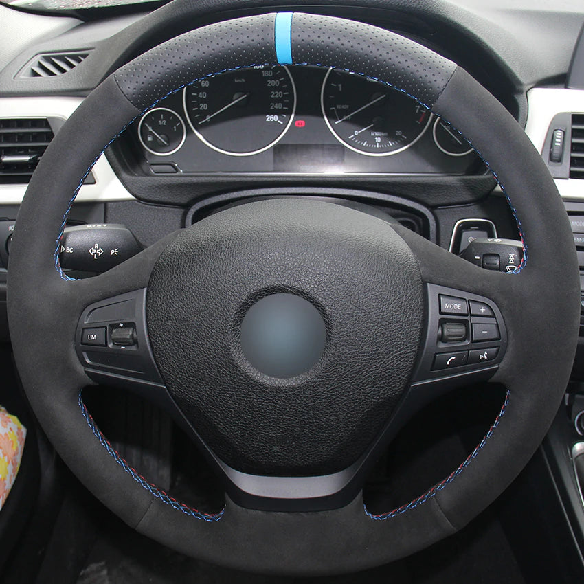 Black Natural Leather Black Suede Light Blue Marker Car Steering Wheel Cover for BMW F30 316i 320i 328i