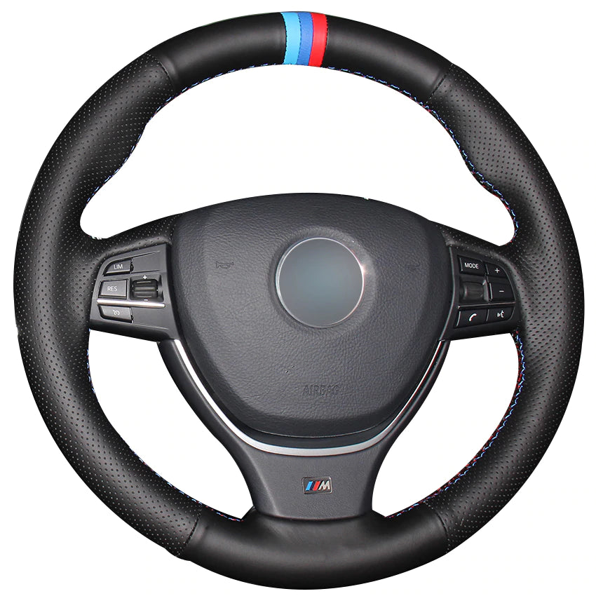 Black Natural Leather Light Blue Blue Red Marker Car Steering Wheel Cover for BMW F10 2014 520i 528i 2013 2014 730Li 740Li 750Li