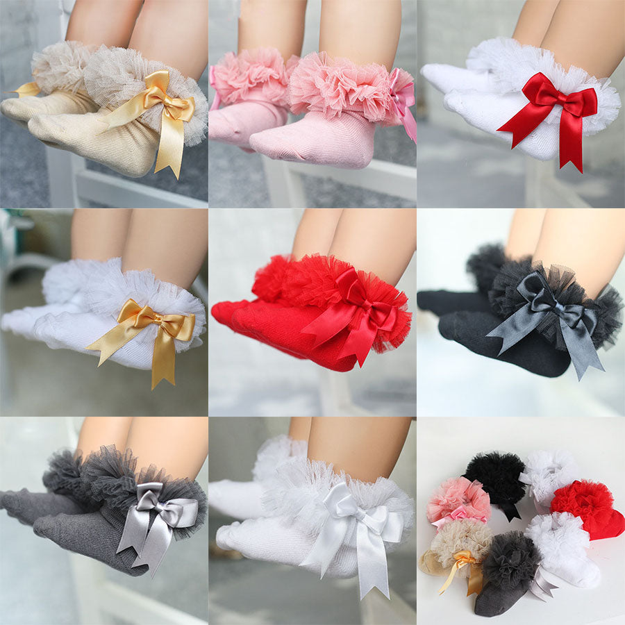 0-6T Kids Girls bow ruffle Socks Baby Tutu Yarn Lace Bow Socks Infants Children Princess Dancing socks C6116