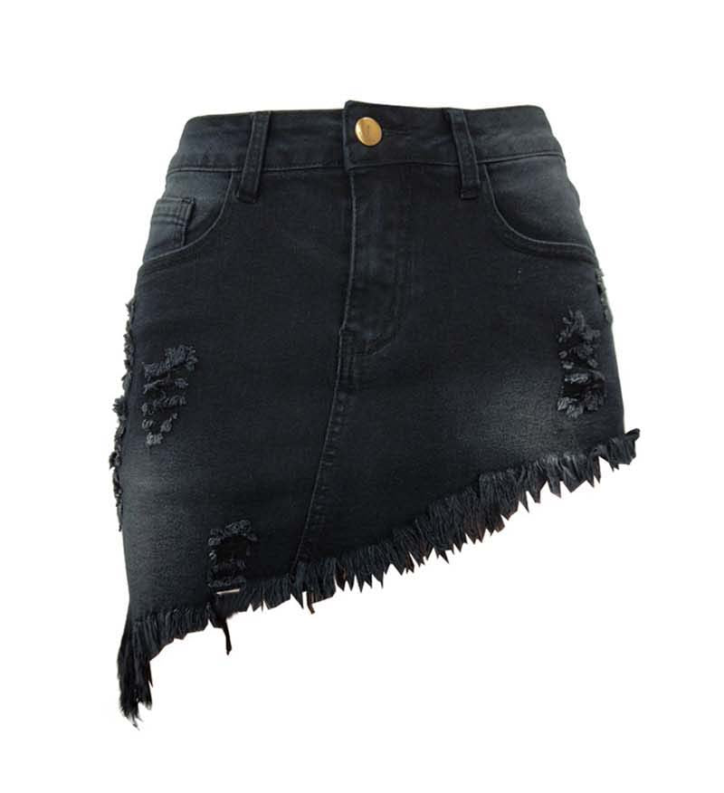 Women Short Denim Dress Ripped Hole Tassels High Elastic Mid waist jeans Knee Length Skirts A-line Casual Female