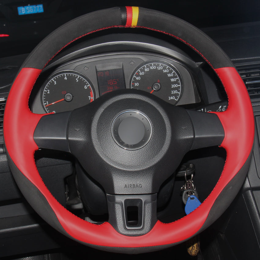Red Natural Leather Black Suede Car Steering Wheel Cover for Volkswagen Golf 6 Mk6 2010-2013 VW Polo MK5 2010-2013