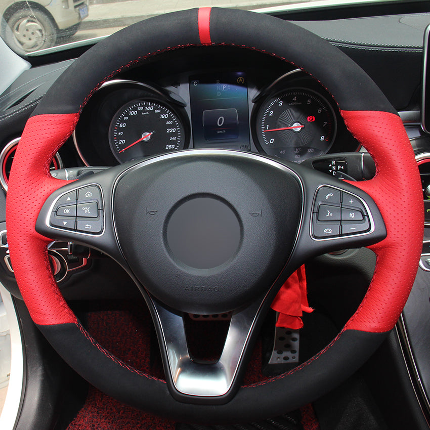 Black Suede Red Natural Leather Red Marker Car Steering Wheel Cover for Mercedes-Benz C180 C200 C260 C300 B200