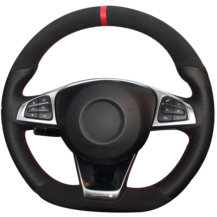Black Natural Leather Black Suede Steering Wheel Cover for Mercedes-Benz C200 C250 C300 B250 B260 A200 A250 Sport CLA220
