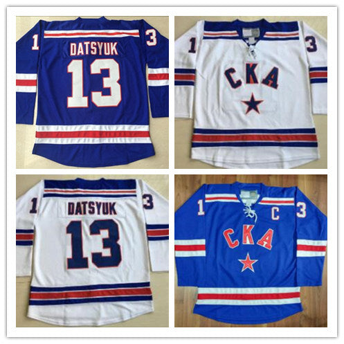 Full Stitched 13 Pavel Datsyuk KHL Jersey CKA St Petersburg 17 Ilya Kovalchuk KHL Men&#039;s Embroidery Logos Hockey Jerseys White Blue