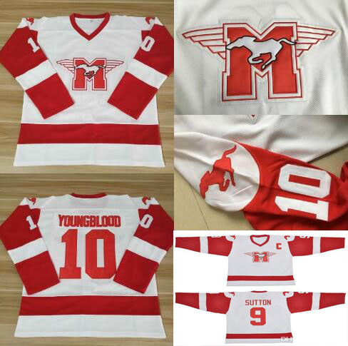 10 Dean Youngblood Hamilton Mustangs Hockey Jerseys 9 SUTTON Moive White Red All Stiched Men&#039;s Uniforms Fast Shipping
