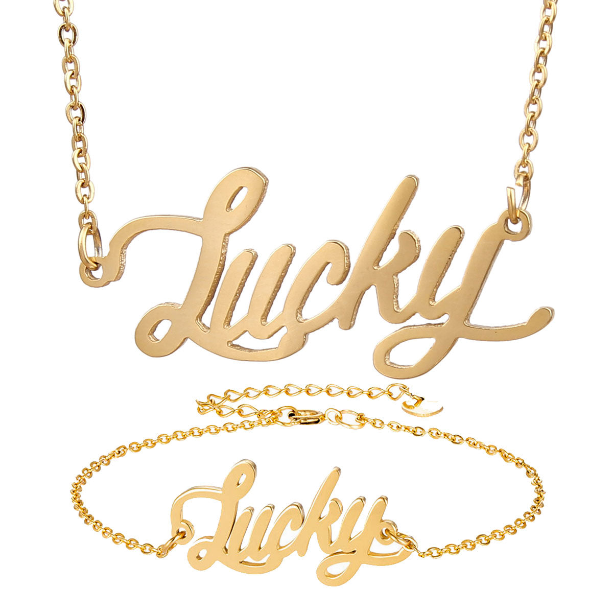 Lucky Name Necklace and Bracelet Jewelry Set Personalized Gold Plated Stainless Steel 18k Gold plated Choker Chain Necklace Pendant Nameplate for Wo