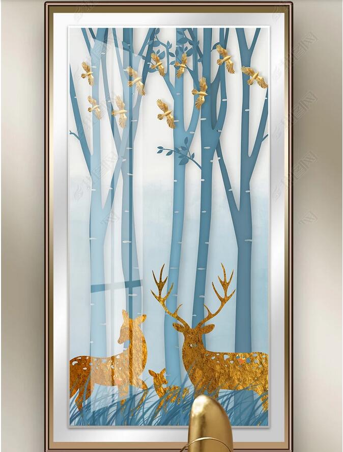 3d wallpaper custom photo Nordic hand-painted forest golden elk woods flying bird porch background wall painting wall paper for walls 3 d