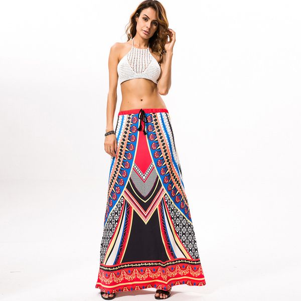 Thailand Style Print Long Skirt Summer Bohemian Beachwear Ethnic Hippie Vintage Maxi Skirts Casual Loose Saia Longa Faldas Mujer 4021
