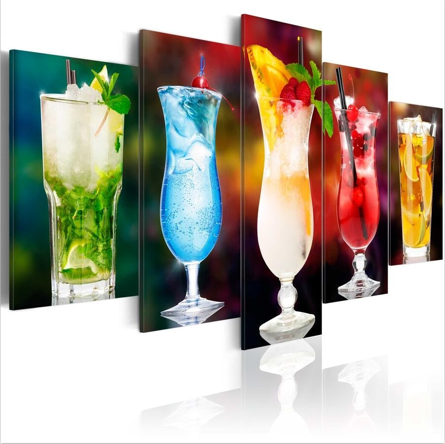 ( No Frame)5PCS-Set Modern Abstract Colorful Wine Cocktail Art Print Frameless Canvas Painting Wall Picture Bar Restaurant Home Decoration