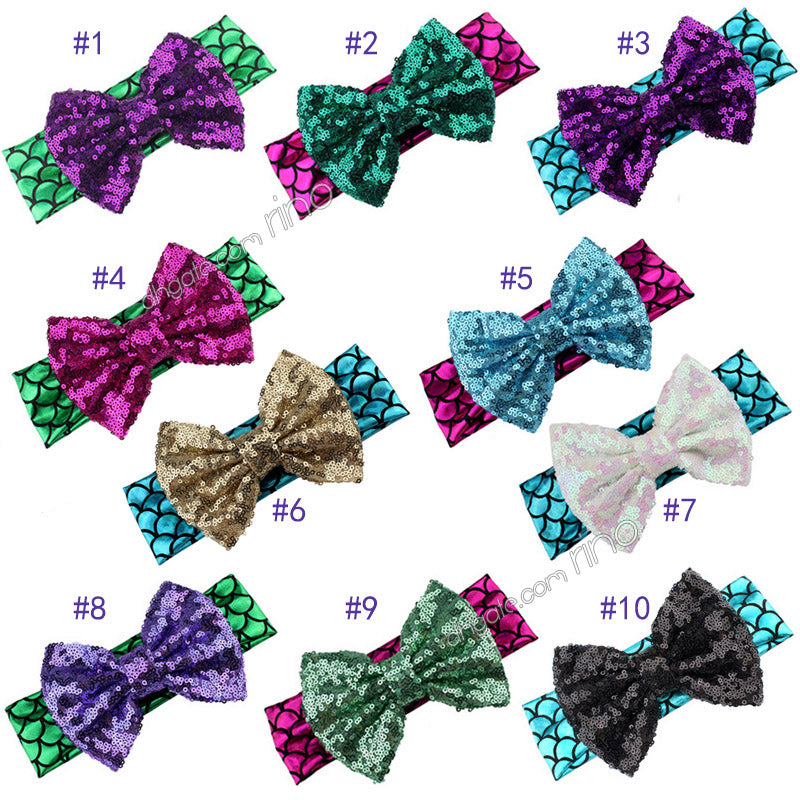 Baby Girls Mermaid Headbands Children Kids Glitter Hair bows with Sequins bow Dance Party Hair Accessories 10 Colors