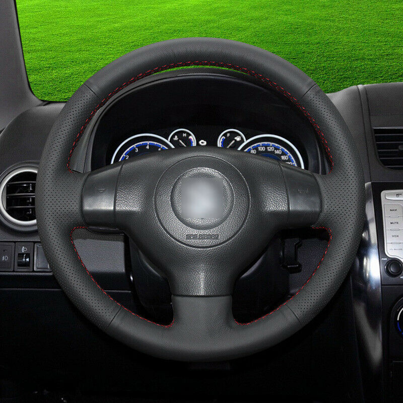 black leather black red stitch car steering wheel cover for Suzuki Swift Vitara