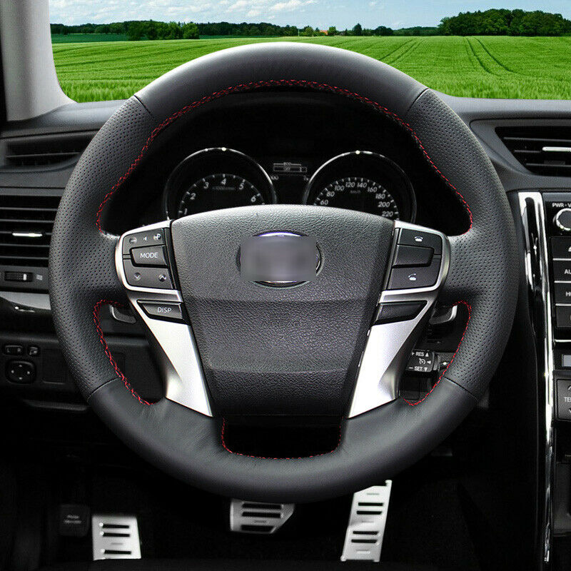 black leather red stitch custom car steering wheel cover for Toyota Reiz 10-2013