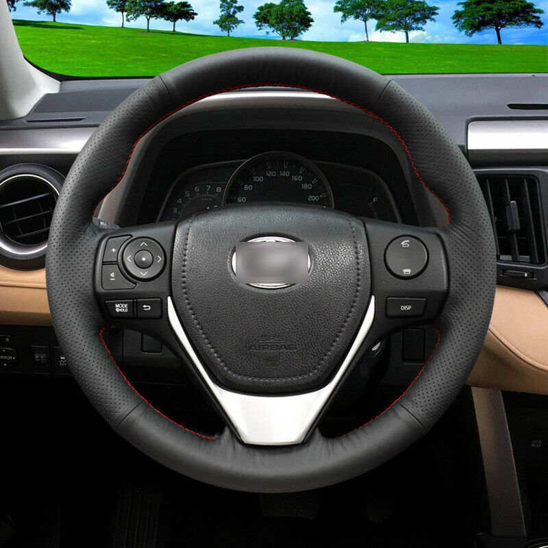 black leather red stitch custom car steering wheel cover for Toyota Corolla RAV4