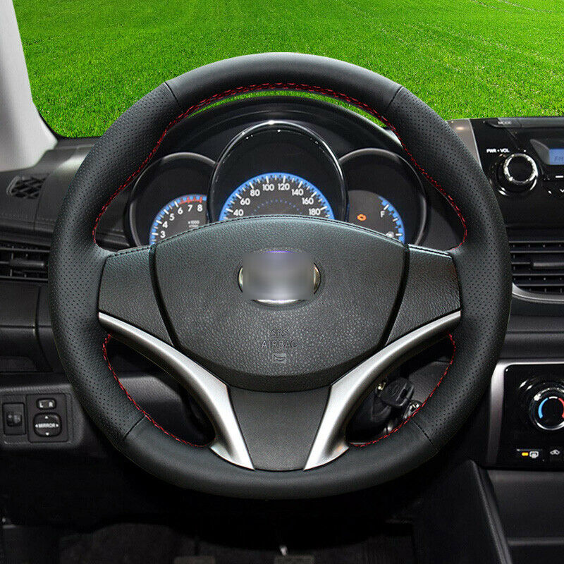 black leather red stitch custom car steering wheel cover for Toyota Vios YARis L