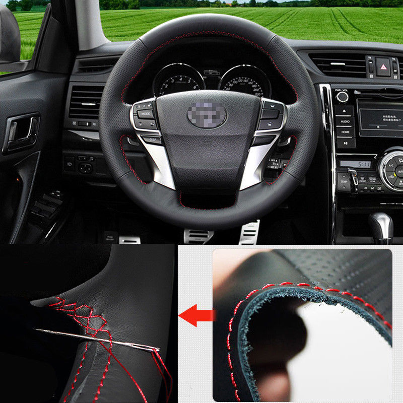 For Toyota Reiz Car Steering Wheel Cover Non-slip DIY Hand Sewing Black Leather