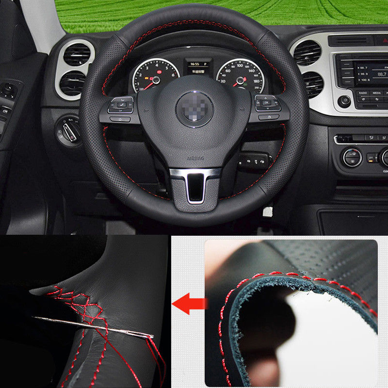 For VW Lavida 2014 Car Steering Wheel Cover Non-slip Hand Sewing Black Leather