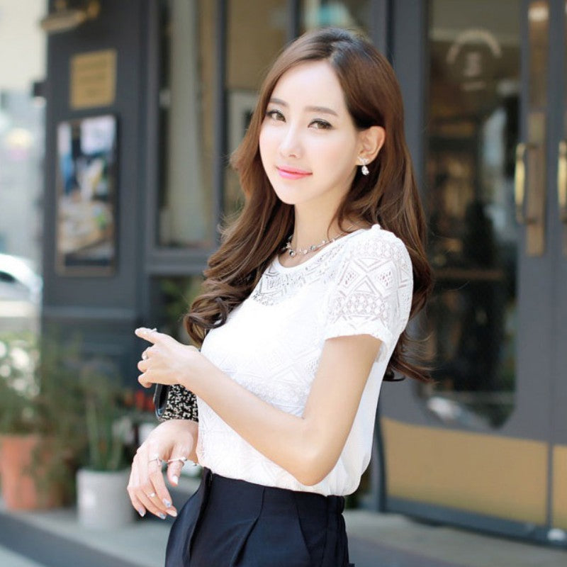 Elegant Lace Blouse Women&#039;s Shirt Femme Chiffon Shirts Tops Summer 2019 Short Sleeve O Neck Blusas Feminina Hollow Out Blouses