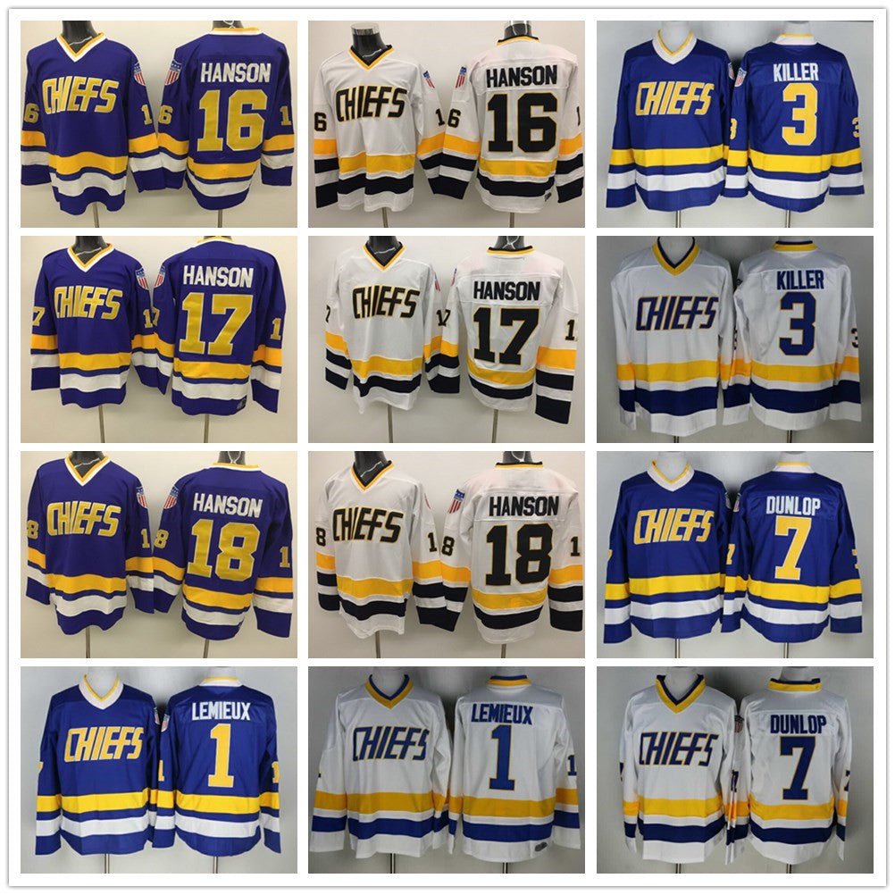 Hanson Brothers Slap Shot Charlestown Chiefs #16 Jack 17 Steve 18 Jeff Hanson 7 Francine Dunlop 3 Killer Vintage CCM Movie Hockey Jersey Stitched Bl