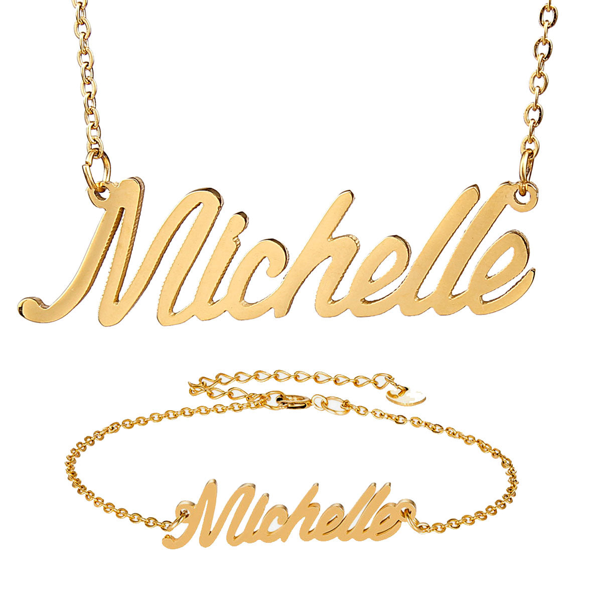 Dainty Michelle Nameplate Stainless Steel Name Necklace and Bracelet Jewelry Set for Women Gold Choker Chain Pendant Nameplate Gift