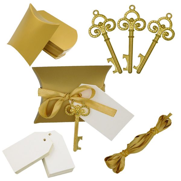 100 X Gold-Silver Creative Pillow Candy Box With Retro Key-shaped Bottle Opener Tag Ribbon For Wedding Party Event Supplies