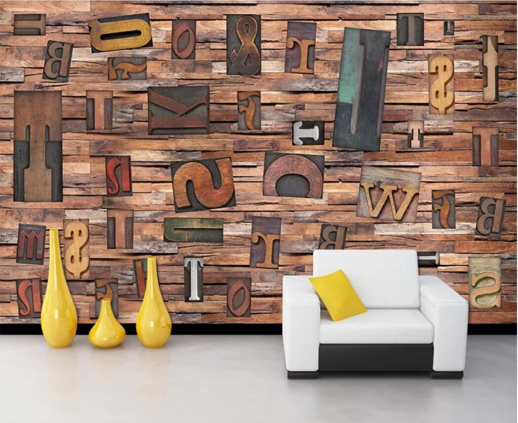 3d room wallpaper custom photo mural Vintage wood grain woodcut English 3D letter combination American style wall wallpaper for walls 3 d