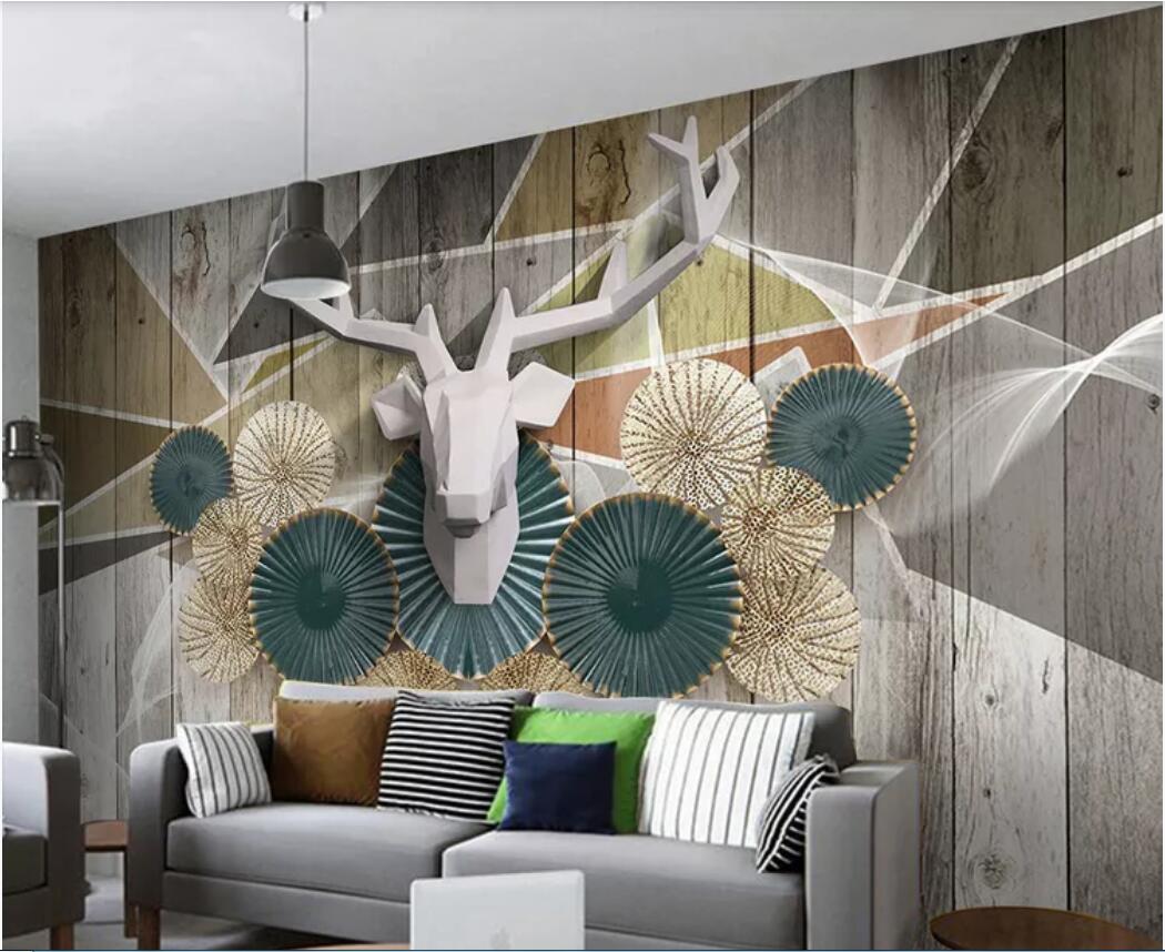 3d room wallpaper custom photo mural Nordic minimalist geometric wood grain elk disc TV background wall wallpaper for walls 3 d
