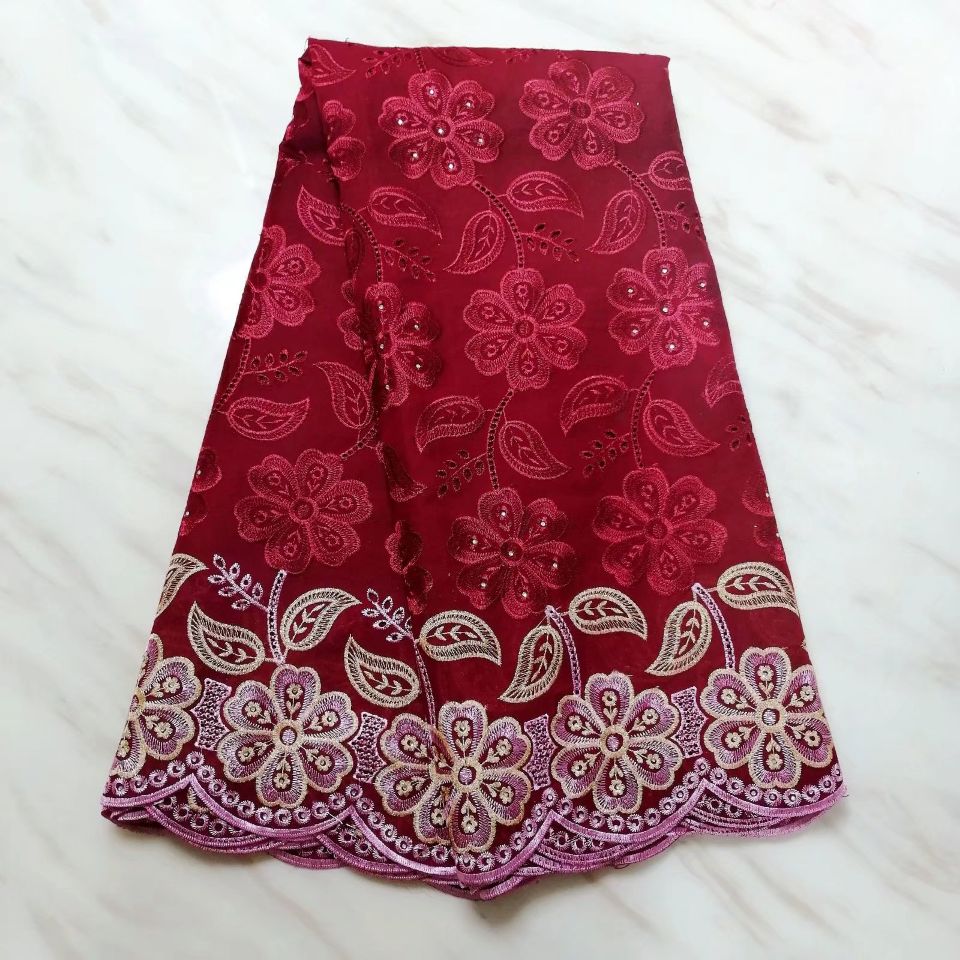 5Yards-pc Hot sale wine african cotton fabric and flower embroidery swiss voile lace fabric with rhinestone for dress BC65-9