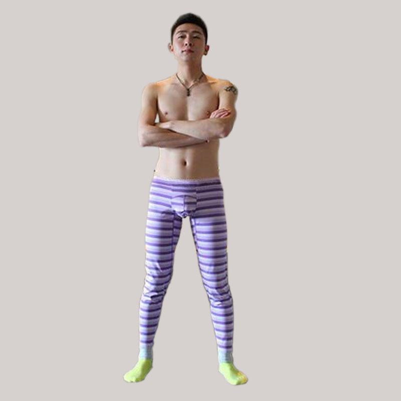 Stripe Print Men Leggings Autumn Winter New Tide Russia China Style Brave Man Yellow Blue Long Johns Slim Elasticity Cotton Blending Pants