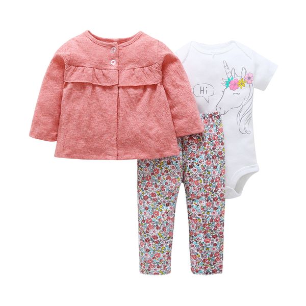 Newborn Baby Girl Clothing Set Cotton Long Sleeve Coat Tops+rompers Unicorn+pant Floral 3 Piece Outfits Infant Baby Clothes Set Y19061303